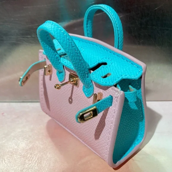 👜 Handmade Mini Blue Pink Faux Leather Birkin AirPods Tote Bag Charm Miniature - Picture 7 of 10